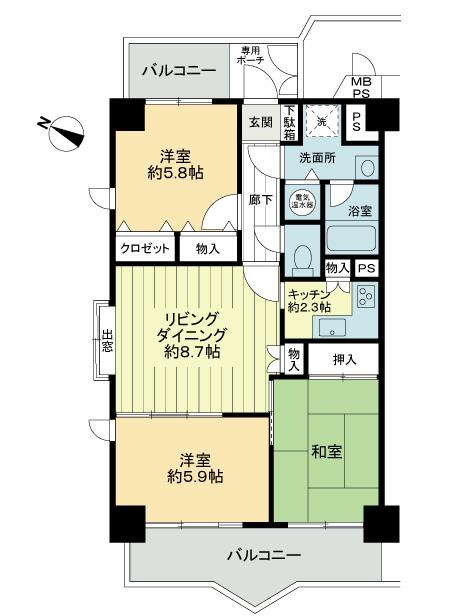 Floor plan. 3DK, Price 15.8 million yen, Footprint 64.3 sq m , Balcony area 12.45 sq m