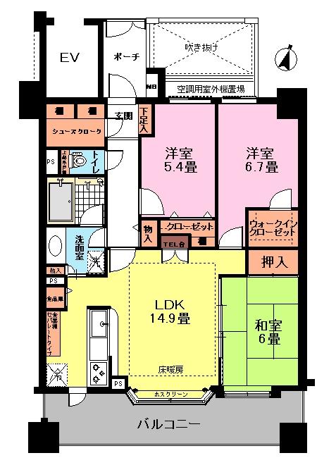 Floor plan. 3LDK, Price 18,880,000 yen, Occupied area 77.73 sq m , Balcony area 13.98 sq m