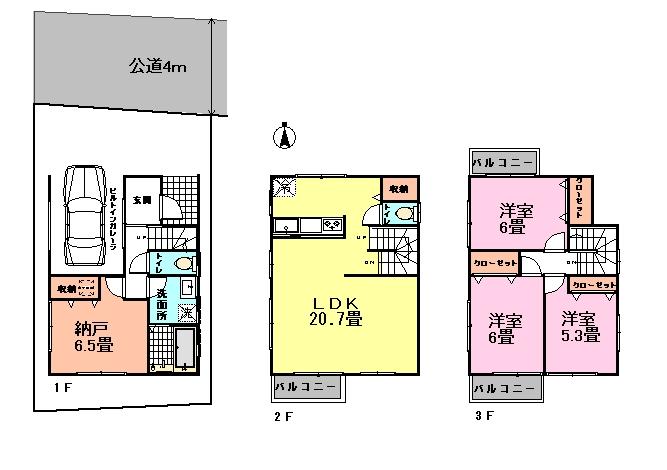 Floor plan. 26,800,000 yen, 3LDK + S (storeroom), Land area 73.64 sq m , Building area 112.59 sq m