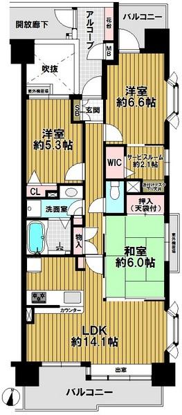 Floor plan. 3LDK + S (storeroom), Price 28,700,000 yen, Occupied area 75.68 sq m , Balcony area 14.84 sq m south, East angle room ・ Yang per good ・ Two-sided balcony ・ Arukopu, WIC, Service with a Room ・ There is a bay window