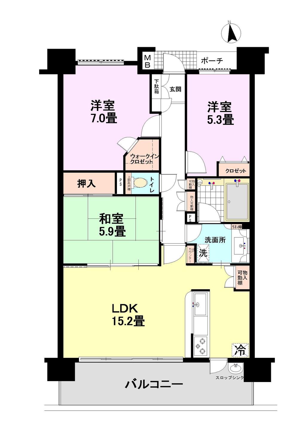 Floor plan. 3LDK, Price 23.5 million yen, Footprint 74.2 sq m , Balcony area 12.6 sq m