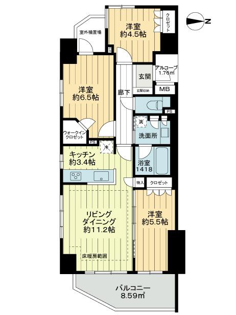 Floor plan. 3LDK, Price 31,800,000 yen, Occupied area 70.12 sq m , Balcony area 8.59 sq m
