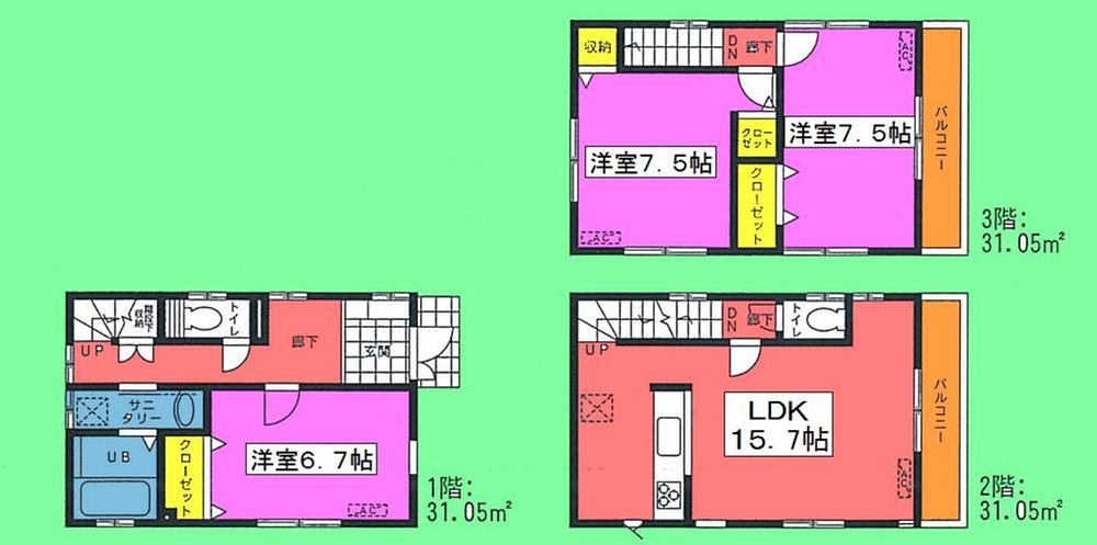 Floor plan. (Building 2), Price 35,800,000 yen, 3LDK, Land area 89.22 sq m , Building area 93.15 sq m