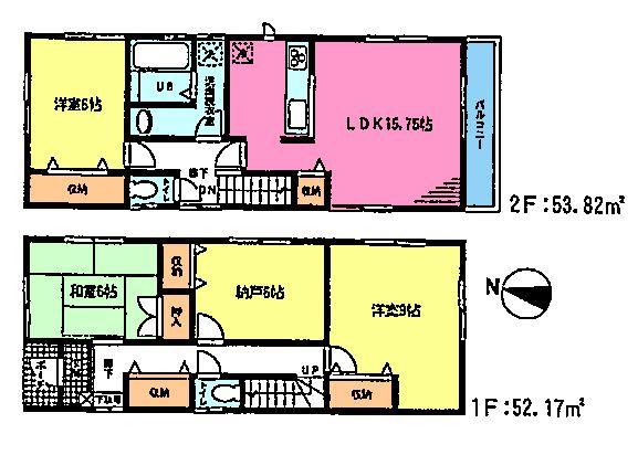 Floor plan. (Building 2), Price 42,800,000 yen, 3LDK+S, Land area 117.48 sq m , Building area 105.99 sq m