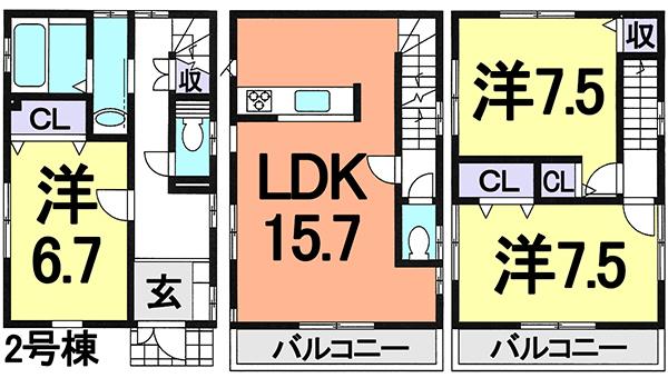 Floor plan. (Building 2), Price 35,800,000 yen, 3LDK, Land area 89.22 sq m , Building area 93.15 sq m