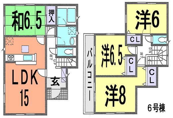Floor plan. (6 Building), Price 38,800,000 yen, 4LDK, Land area 100.1 sq m , Building area 95.58 sq m