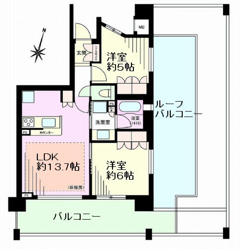 Floor plan. 2LDK, Price 29,900,000 yen, Occupied area 55.04 sq m , Balcony area 14.1 sq m southeast angle room