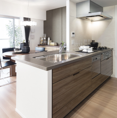 Artificial marble countertops, Stylish kitchen which adopted the working surface material and borderless woodgrain