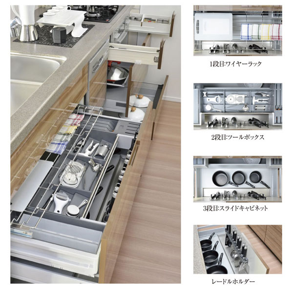 Kitchen.  [Tool container] Easy system of use of the storage of under the sink. First stage is a wire rack (cutting board ・ Dish towel), The second stage tool box (small tray), 3-stage slide cabinet (bowl ・ Adopt the tool container that has become a pot).
