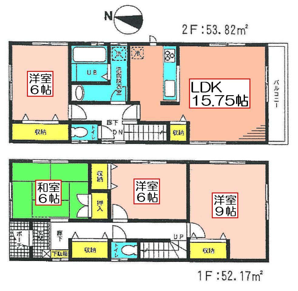 Floor plan. (Building 2), Price 42,800,000 yen, 4LDK, Land area 117.48 sq m , Building area 105.99 sq m