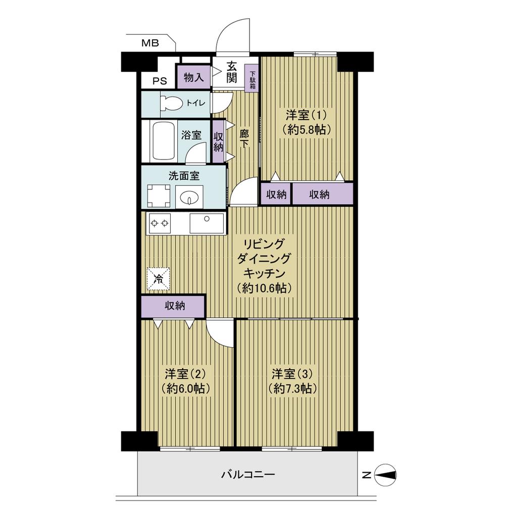 Floor plan. 3LDK, Price 16,900,000 yen, Footprint 66 sq m , Balcony area 8.4 sq m easy-to-use 3LDK plan