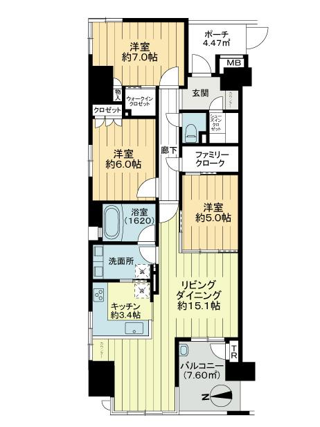 Floor plan. 3LDK, Price 38,800,000 yen, Occupied area 86.46 sq m , Balcony area 7.6 sq m