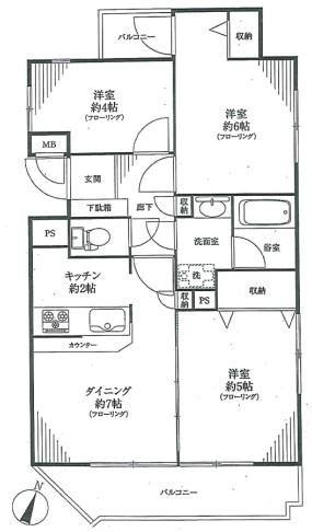 Floor plan. 3DK, Price 21,800,000 yen, Occupied area 57.95 sq m , Balcony area 8.35 sq m Floor