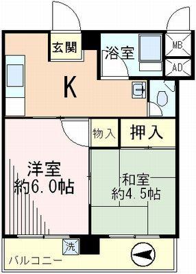 Floor plan. 2K, Price 4.8 million yen, Occupied area 34.02 sq m , Balcony area 5.4 sq m