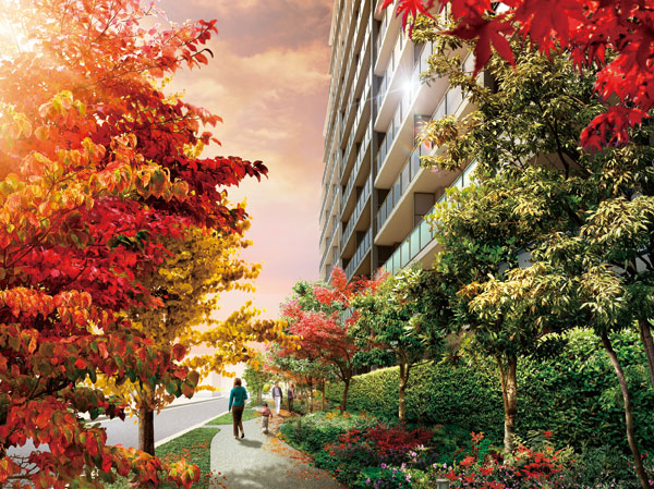 Features of the building.  [Garden dyed in red] I want to walk in the fall, Stroll around the autumn leaves road. (Rendering)