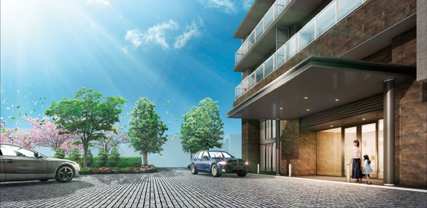 Features of the building.  [Hotel-like driveway] And proceed to the main street of the "City Terrace Todakoen" "gate Street (drive way)", There is a large canopy that come into view soon, "coach Entrance".  Luxurious nestled in a hotel-like, And escort to the proud everyday person who live. (Rendering)