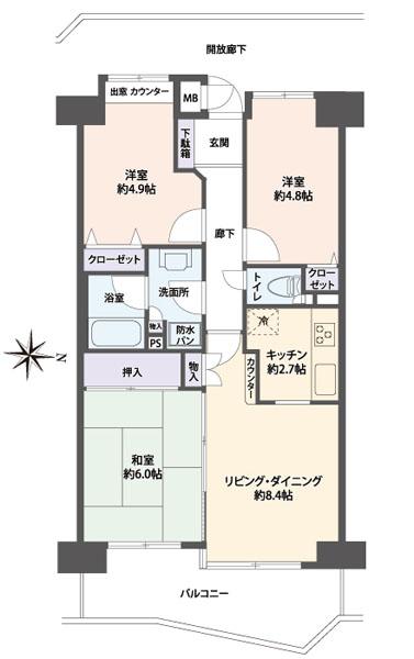 Floor plan. 3LDK, Price 19,980,000 yen, Occupied area 60.08 sq m , Balcony area 9.52 sq m