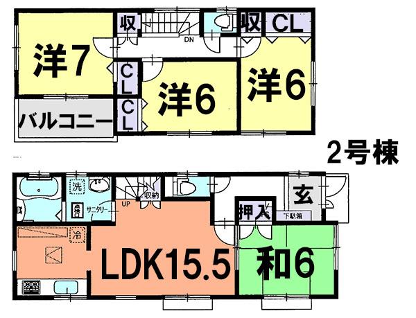 Floor plan. (Building 2), Price 34,800,000 yen, 4LDK, Land area 107.91 sq m , Building area 97.7 sq m