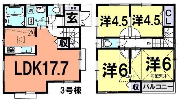 Floor plan. (3 Building), Price 34,800,000 yen, 4LDK, Land area 120.71 sq m , Building area 87.76 sq m