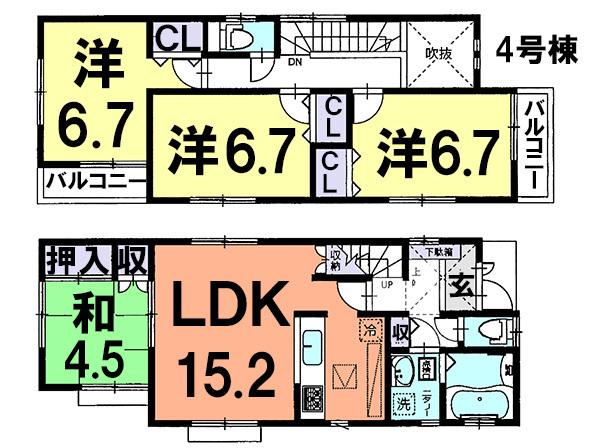 Floor plan. (4 Building), Price 36,800,000 yen, 4LDK, Land area 111.05 sq m , Building area 96.05 sq m