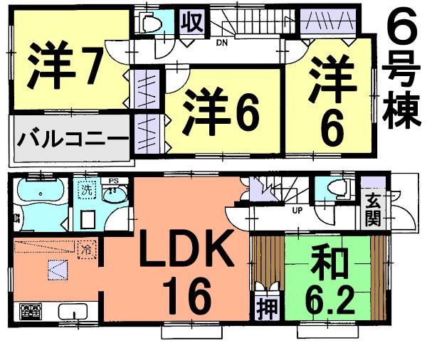 Floor plan. (6 Building), Price 36,800,000 yen, 4LDK, Land area 111.05 sq m , Building area 96.05 sq m