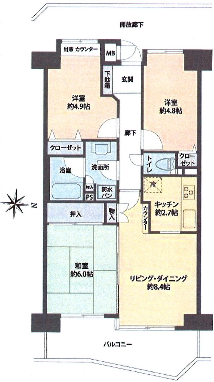 Floor plan. 3LDK, Price 19,980,000 yen, Occupied area 60.08 sq m , Balcony area 9.52 sq m