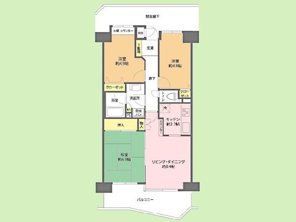 Floor plan. 3LDK, Price 19,980,000 yen, Occupied area 60.08 sq m , Balcony area 9.52 sq m