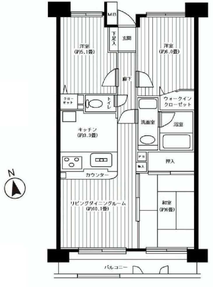 Floor plan. 3LDK, Price 22,800,000 yen, Occupied area 66.21 sq m , Balcony area 9.3 sq m