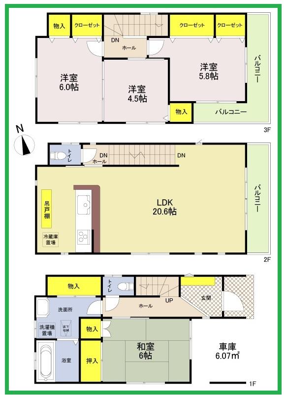 Floor plan. (Shimotoda Third Phase 3 Building), Price 39,800,000 yen, 4LDK, Land area 64 sq m , Building area 110.57 sq m