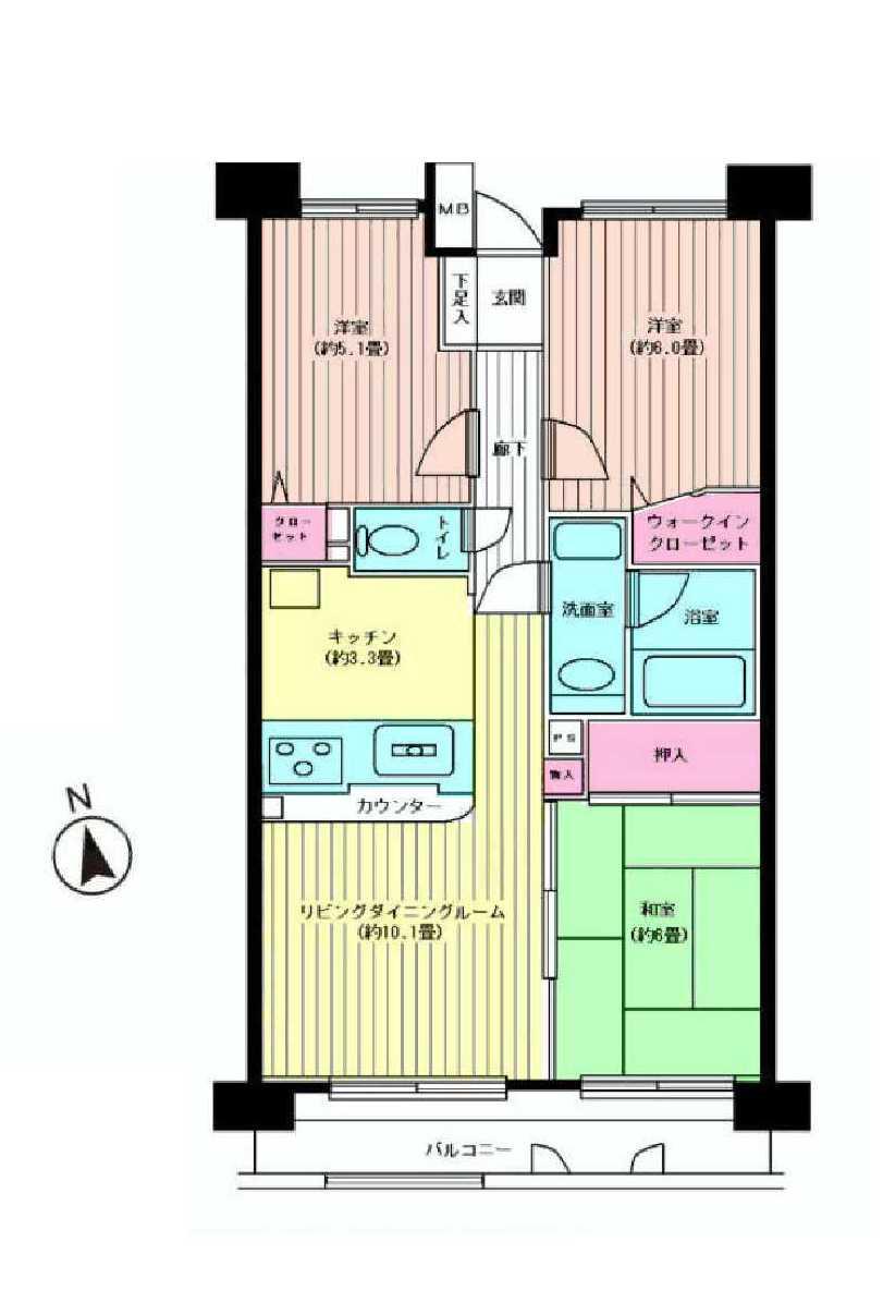 Floor plan. 3LDK, Price 22,800,000 yen, Occupied area 66.21 sq m , Balcony area 9.3 sq m 3LDK