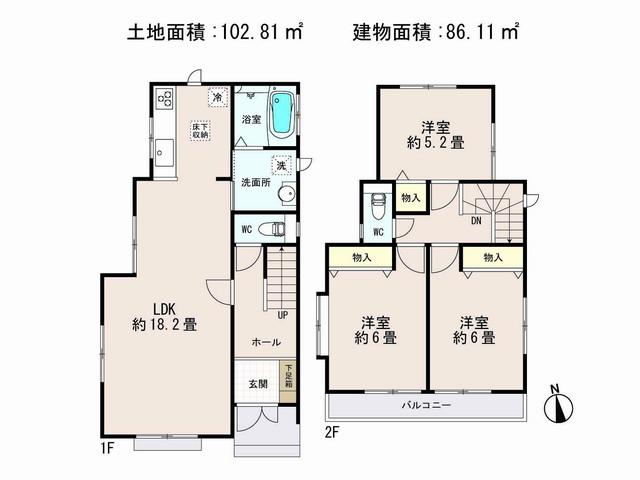 Floor plan. (A Building), Price 39,800,000 yen, 3LDK, Land area 102.81 sq m , Building area 86.11 sq m