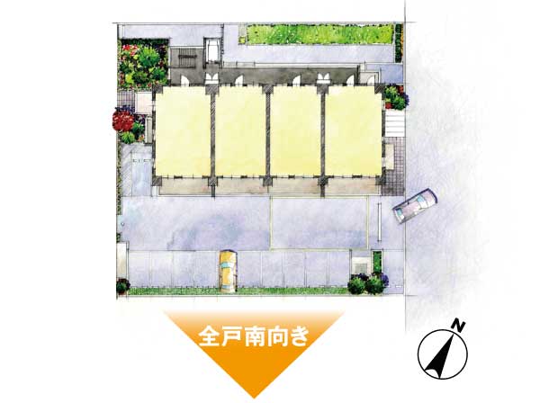 Buildings and facilities. The distribution building that takes advantage shaping land, Realize all houses facing south and the corner dwelling unit rate of 50%. To meet the day-to-day life in the brightness and airy. (Site layout)