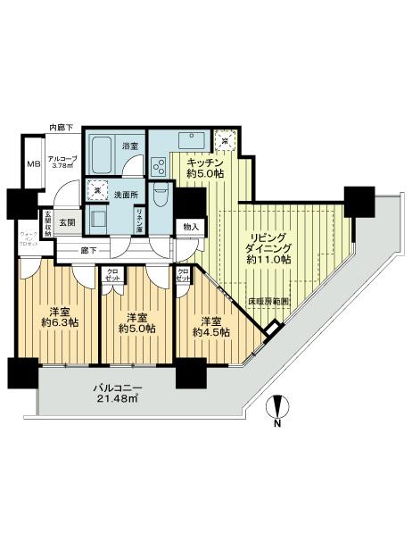 Floor plan. 3LDK, Price 37,800,000 yen, Occupied area 70.69 sq m , Balcony area 21.48 sq m