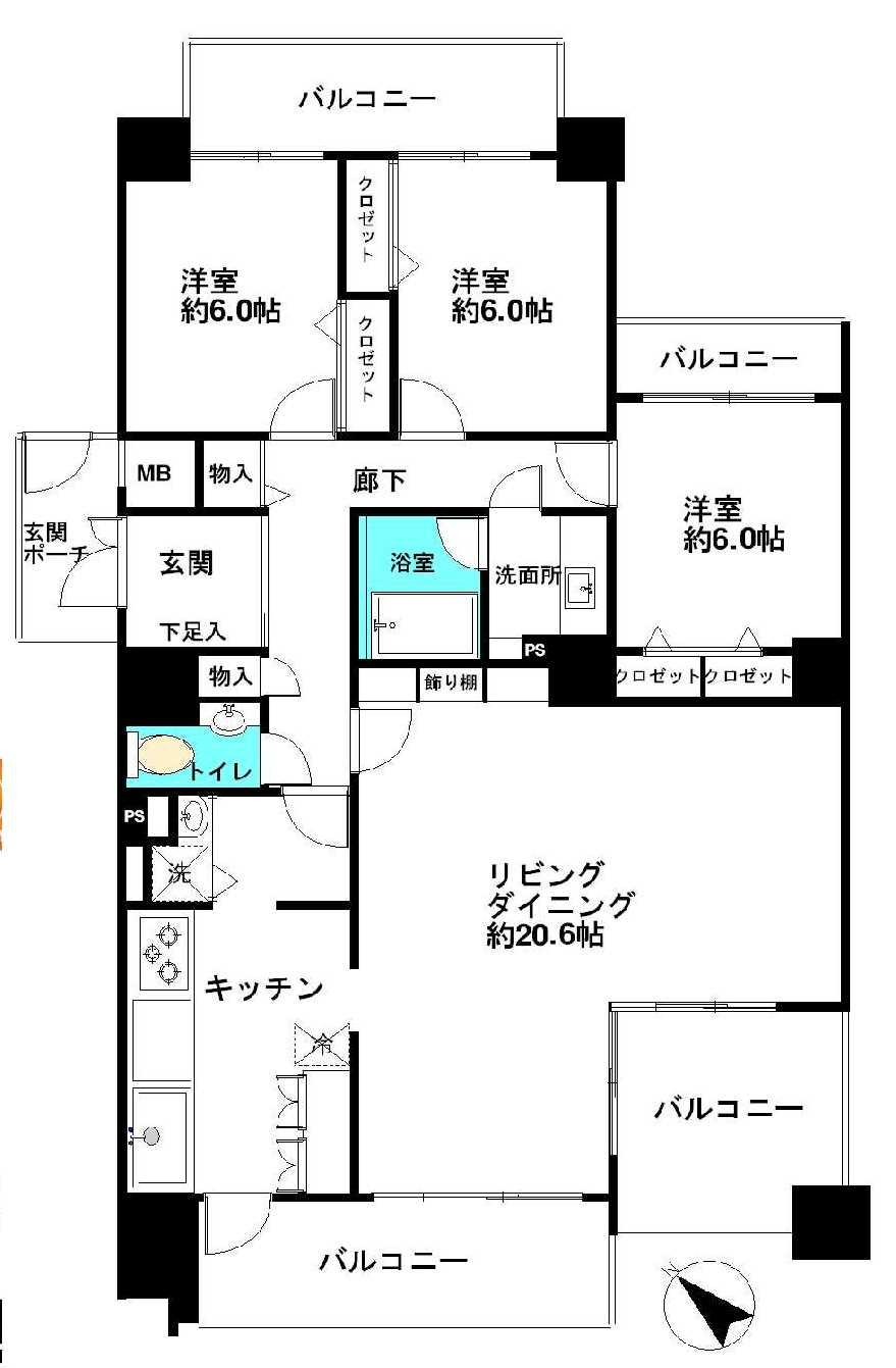 Floor plan. 3LDK, Price 24,900,000 yen, The area occupied 105.9 sq m , Balcony area 27.54 sq m total living room with balcony