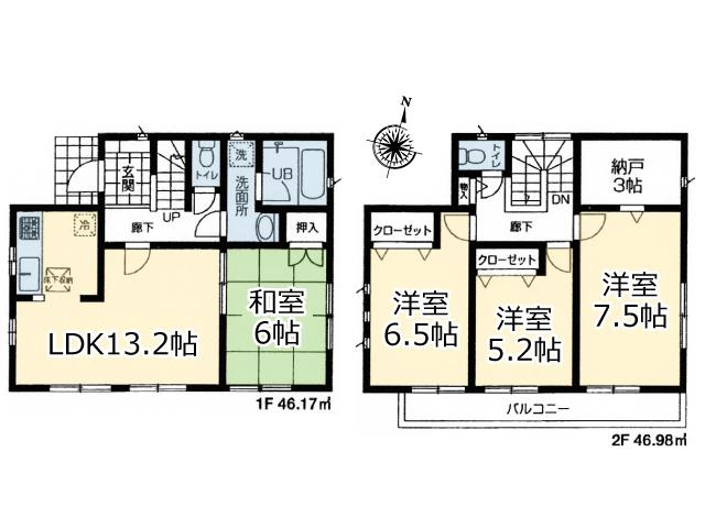 Floor plan. (1 Building), Price 32,800,000 yen, 4LDK, Land area 108.43 sq m , Building area 93.15 sq m