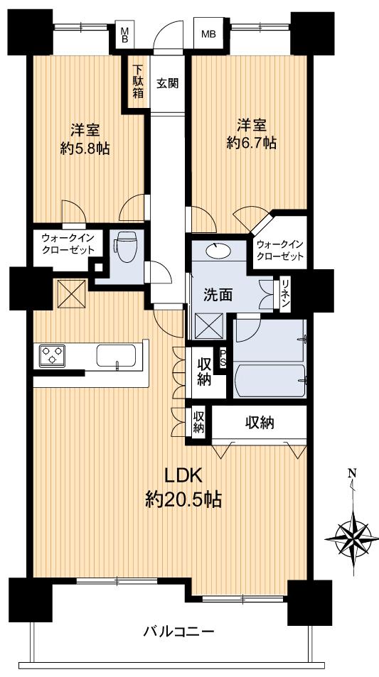 Floor plan. 2LDK, Price 29,800,000 yen, Occupied area 73.37 sq m , Balcony area 11.28 sq m