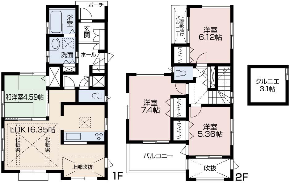 Floor plan. (1 Building), Price 34,800,000 yen, 4LDK, Land area 102.11 sq m , Building area 93.57 sq m