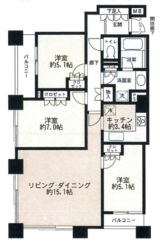 Floor plan. 3LDK, Price 32 million yen, Footprint 79.4 sq m , Balcony area 6.15 sq m