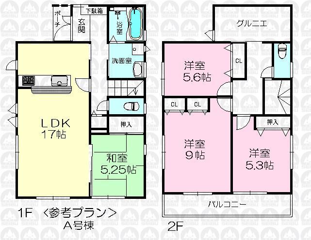Building plan example (floor plan). Building plan example (A No. land) Building price 12.6 million yen, Building area 102.26 sq m