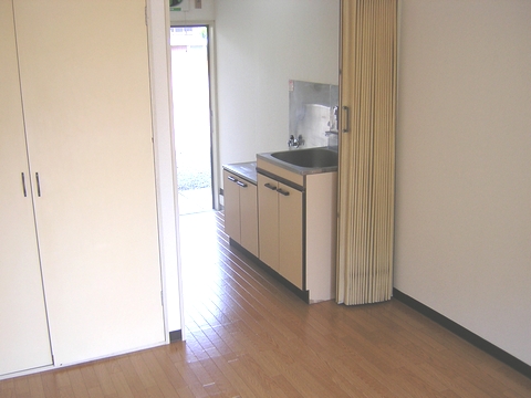 Other room space. There accordion curtains in the kitchen and the partition