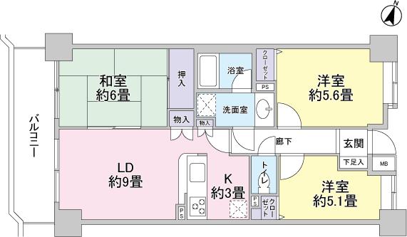 Floor plan. 3LDK, Price 24,800,000 yen, Occupied area 61.77 sq m , Balcony area 8.62 sq m