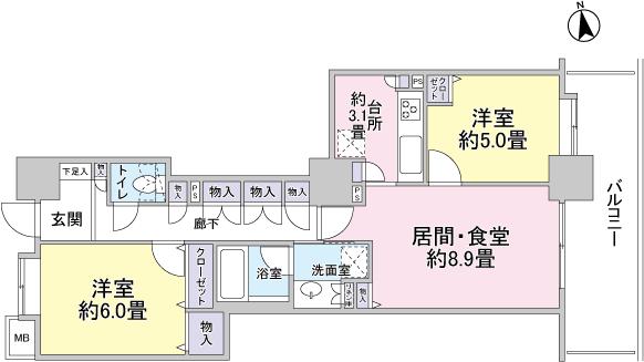 Floor plan. 2LDK, Price 18,700,000 yen, Occupied area 58.76 sq m , Balcony area 11.88 sq m