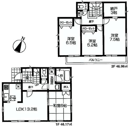 Floor plan. (1 Building), Price 32,800,000 yen, 4LDK+S, Land area 108.43 sq m , Building area 93.15 sq m