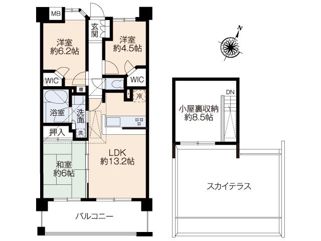 Floor plan. 3LDK, Price 32,800,000 yen, Occupied area 65.53 sq m , Balcony area 13.86 sq m floor plan