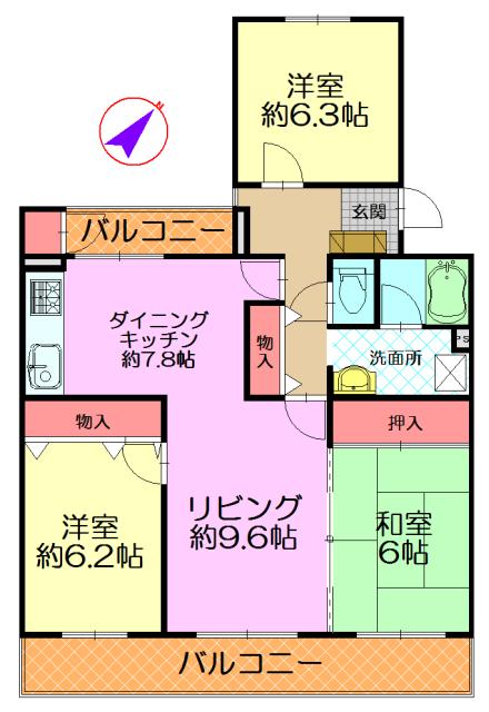 Floor plan. 3LDK, Price 8.3 million yen, Occupied area 83.32 sq m , Balcony area 16.43 sq m 2 sided balcony