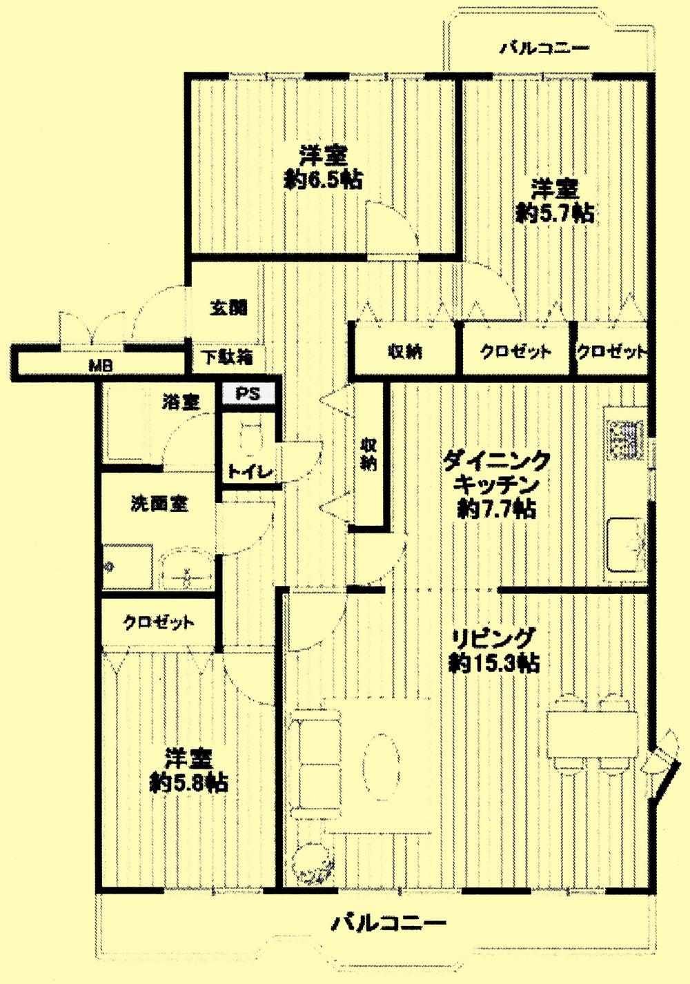 Floor plan. 3LDK, Price 16.5 million yen, Occupied area 98.48 sq m , Balcony area 10 sq m