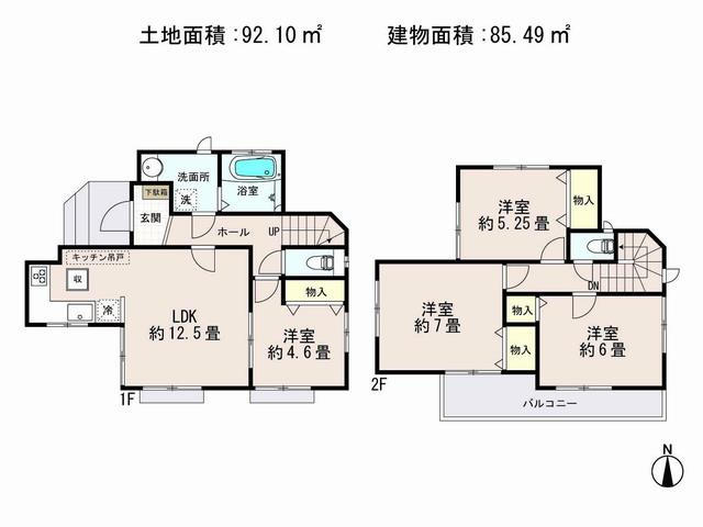 Floor plan. (1 Building), Price 34,800,000 yen, 3LDK, Land area 92.1 sq m , Building area 85.49 sq m