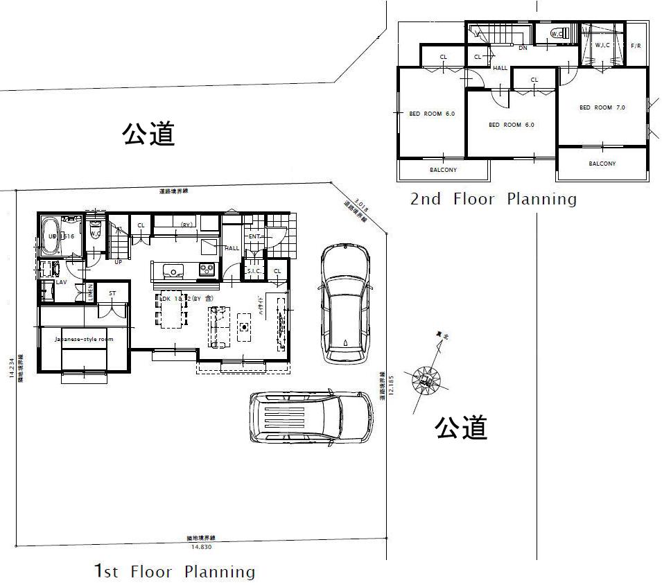 Compartment view + building plan example. Building plan example, Land price 18.9 million yen, Land area 207.71 sq m , Building price 14.7 million yen, Building area 105.75 sq m building plan example Building price 14.7 million yen, Building area 105.75 sq m