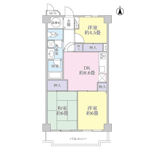 Floor plan. 3DK, Price 11 million yen, Footprint 54.4 sq m , Balcony area 6.79 sq m