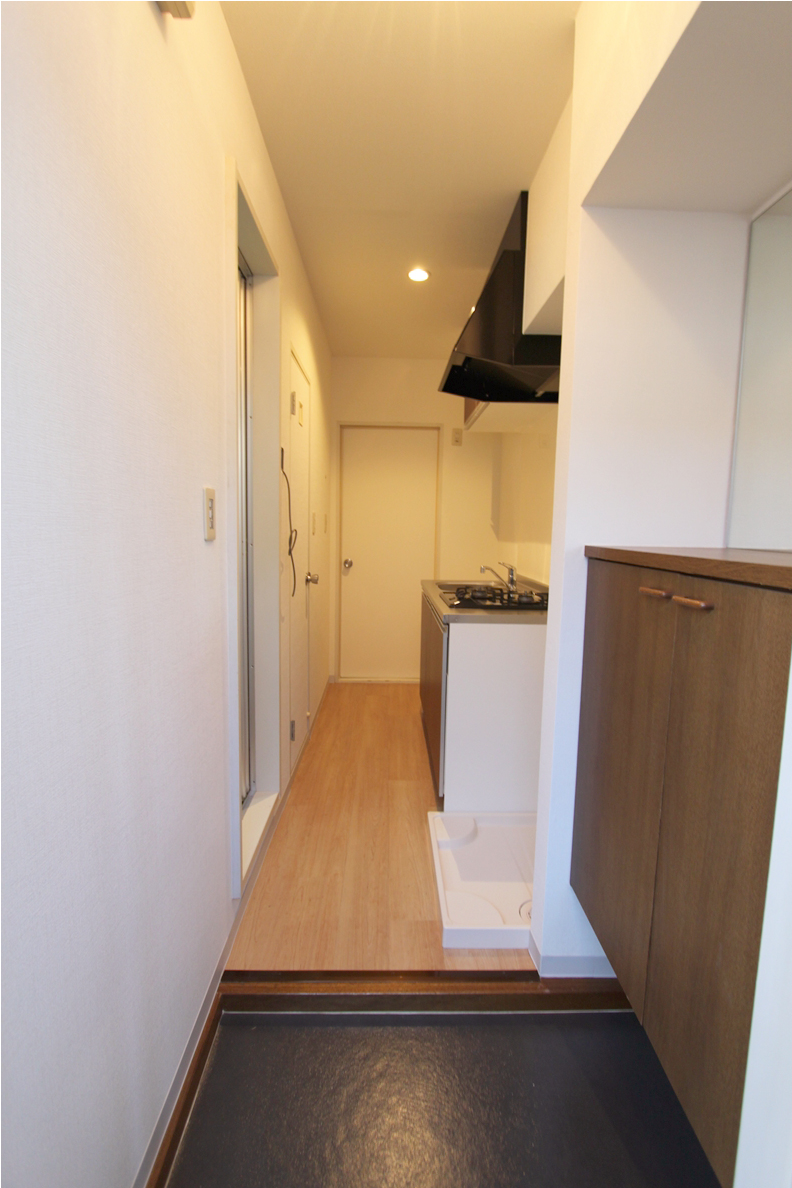 Entrance. Large mirror placed on the shoe box! Room is felt widely!